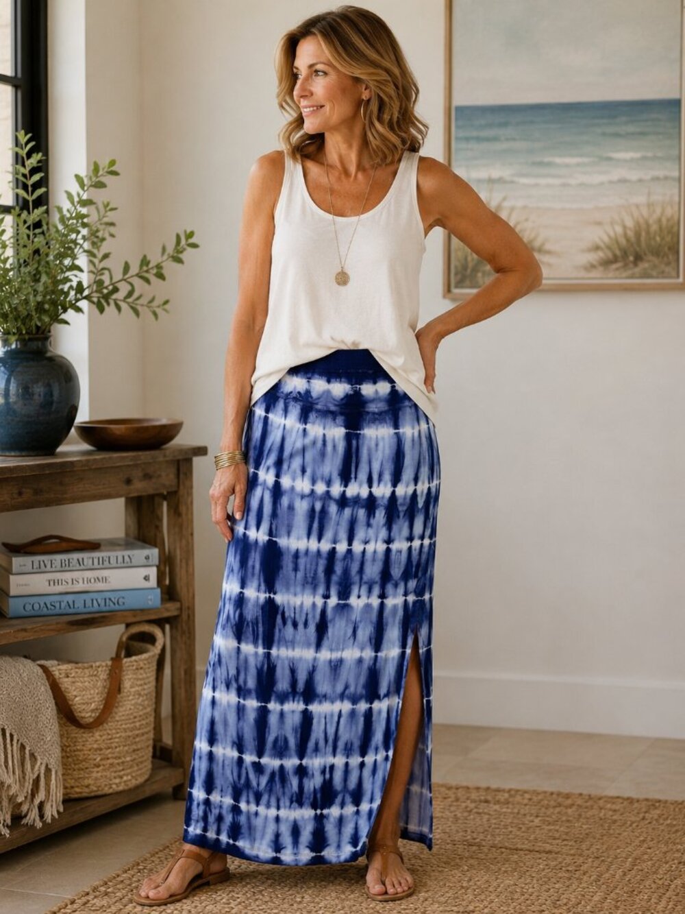 Chico's Zenergy Tie Dye Maxi Skirt Blue White Rayon Stretch Slit Size 3 XL